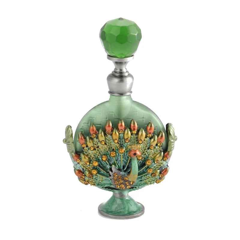 7ml Peacock Refillable Empty Perfume Bottle Metal Enamel Emerald Green Glass Cap Dripper
