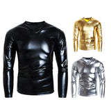 Men T-shirt Glossy Solid Long Sleeve Tops Nightclub Party Performance Wear