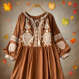 Georgia's Embroidered Boho Cotton Linen Long Sleeves Mini Dress