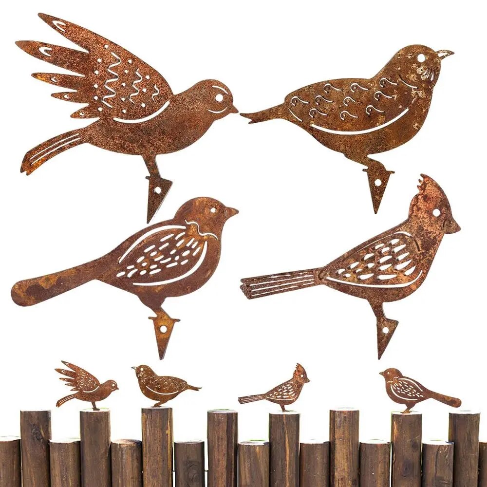 Set of Four Rusty Metal Bird Silhouettes Garden Fence Decor