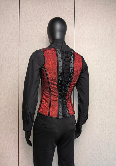 Men's Red Jacquard Boned Waistcoat Corset Vest Lace Up Burlesque Performance Stage Costume