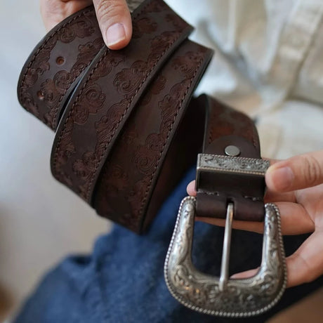 Bobby Ray's Genuine Leather Western Cowboy Court Style Embossed Steel Buckle Belt