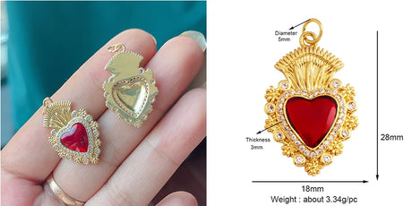 Red and Gold Sacred Heart Charms 18K Gold Plated for Jewellery Making