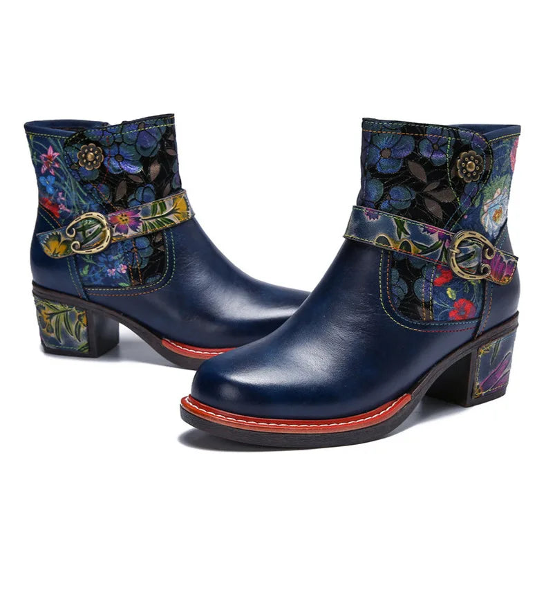 Violet's Floral Boots Genuine Leather Hand-painted Short Boots