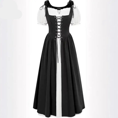 Medieval Cosplay Costume Women Two Layer Lace Up Bodice Dress