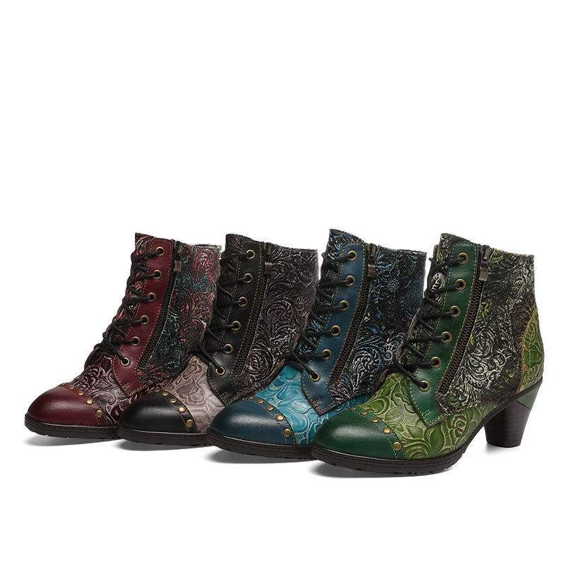Aggy's Vintage Floral Genuine Leather Patchwork Rivet Handmade Heeled Ankle Boots Shoes