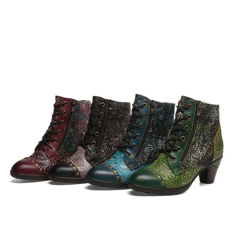 Aggy's Vintage Floral Genuine Leather Patchwork Rivet Handmade Heeled Ankle Boots Shoes