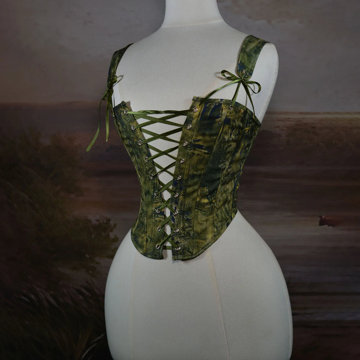 Forest Green Overbust Lace Up Front Boned Bodices With Zipper