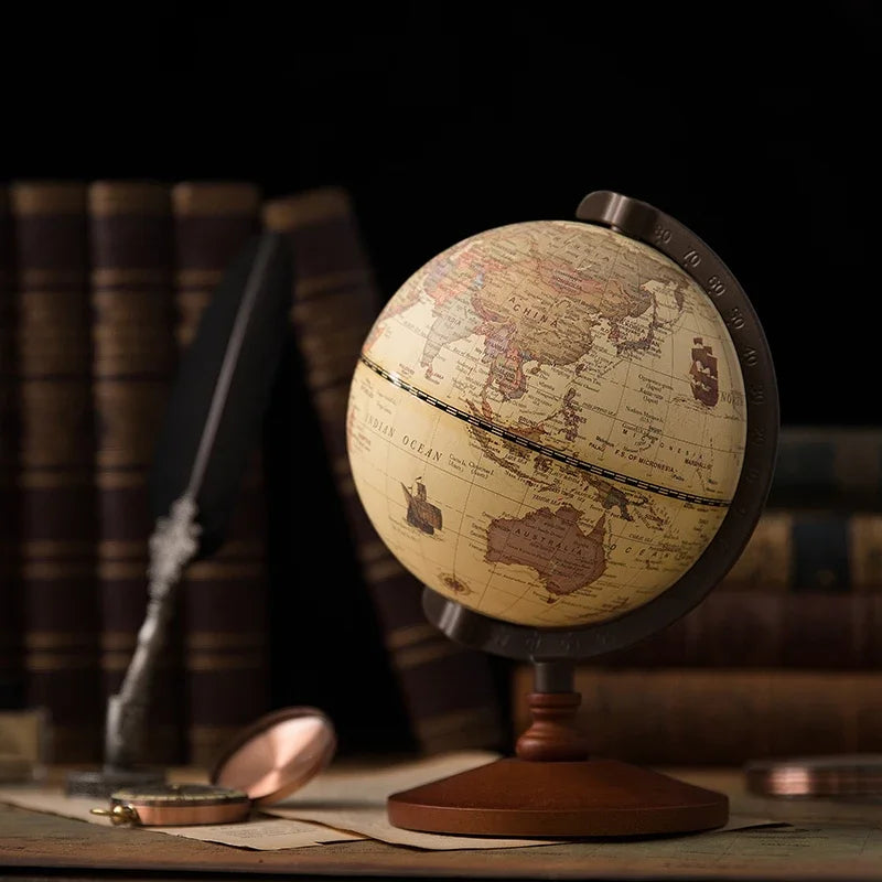 World Globe Earth Map Retro Wooden Base Desk Decor