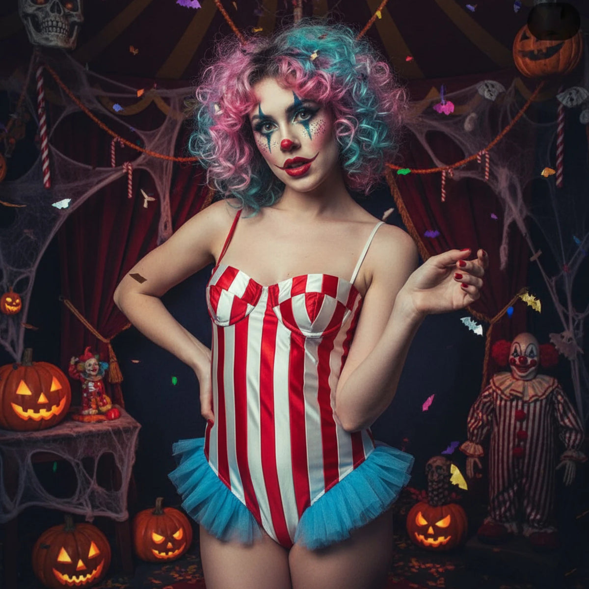 Vintage Circus Carnival Bodysuit Clown Stripes Playsuit Halloween Cosplay Costume