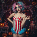 Vintage Circus Carnival Bodysuit Clown Stripes Playsuit Halloween Cosplay Costume