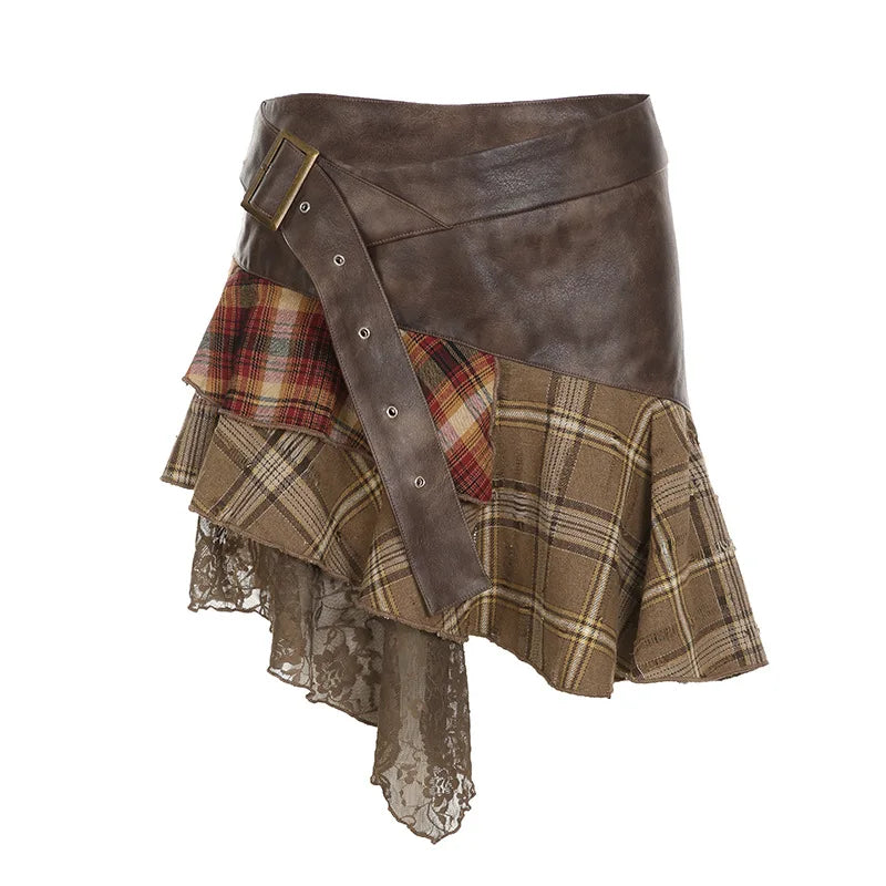 Goblincore Grunge Irregular Spliced Lace Plaid Skirt