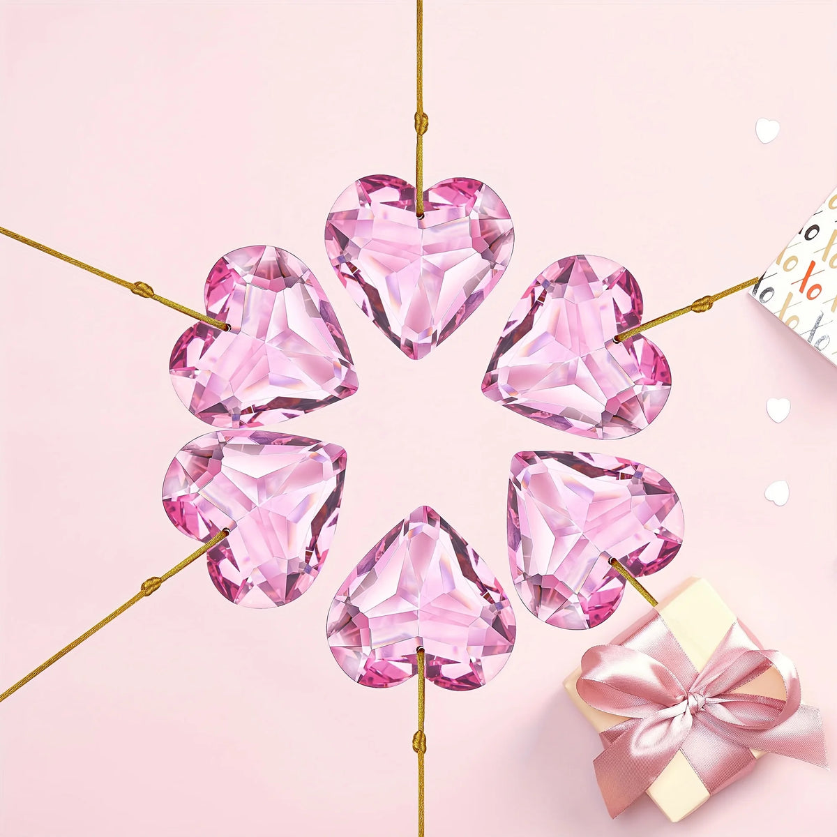 Set of Six Pink Heart-Shaped Crystal Hanging Ornaments