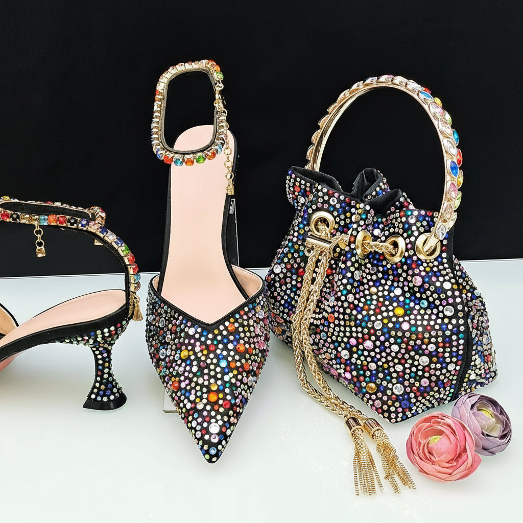 Diamond Confetti Pointed Shoes and Matching Bag Party Heels