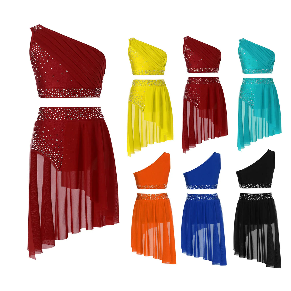 Girls Dance One Shoulder Crop Top Wrap Tutu Skirt Set