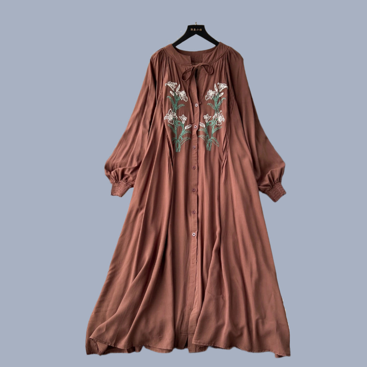 Olive's Embroidered Long Sleeve Shirt Dress