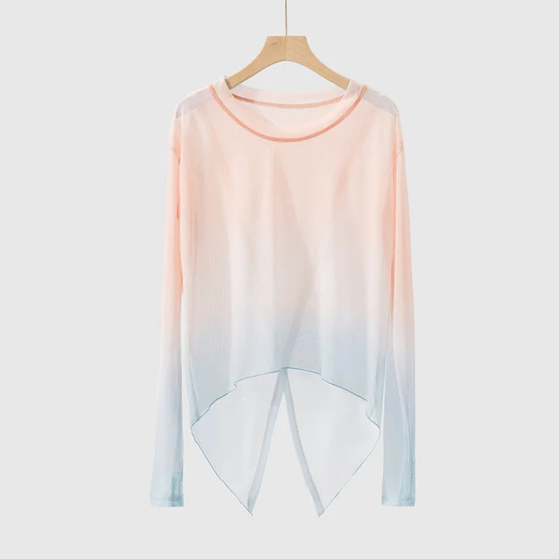Gradient Gauze Top Dance Practice Top Thumb Finger Hole Long Sleeve Dancewear