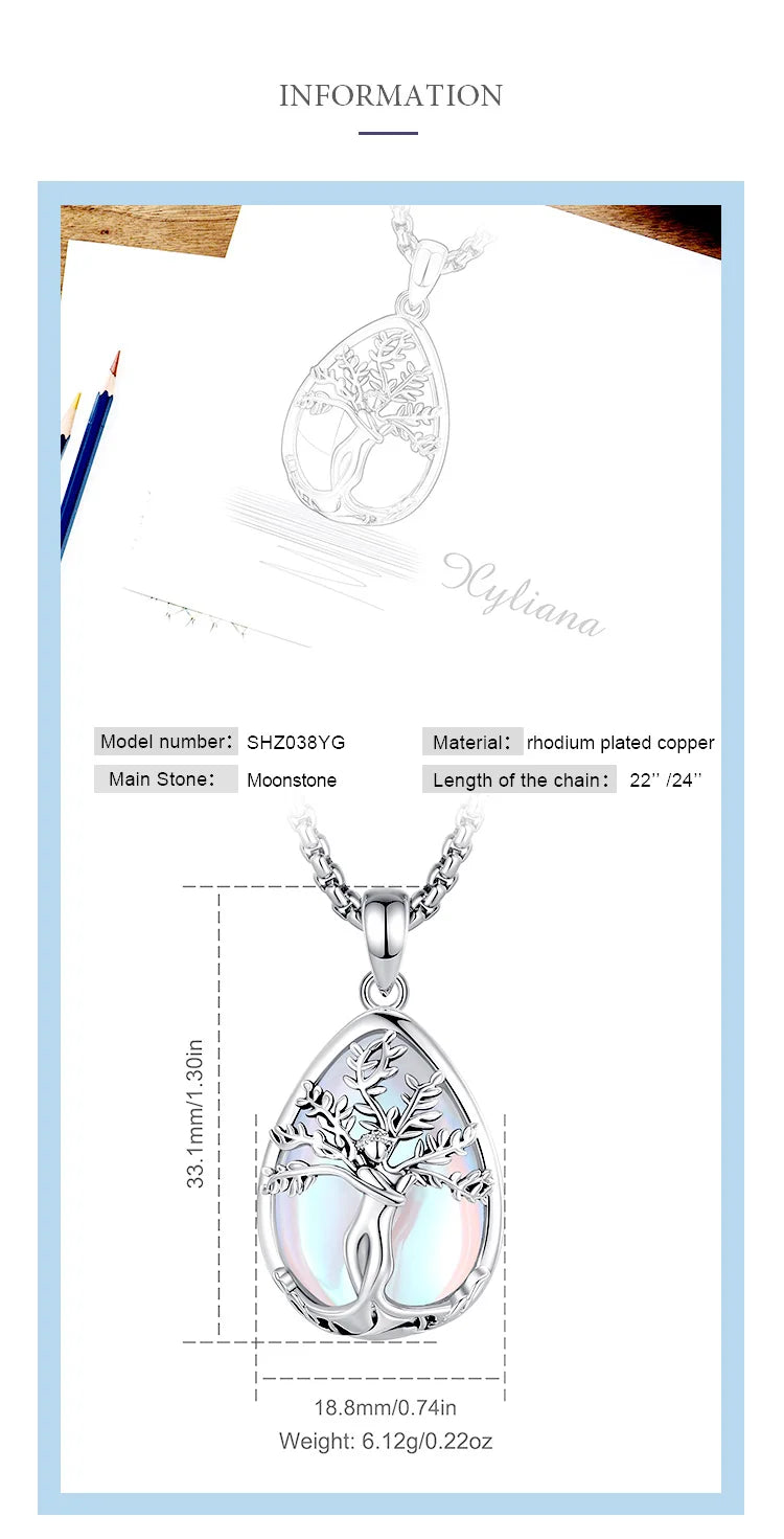 Tree of Life Goddess Moonstone Crystal Stone Pendant Necklace