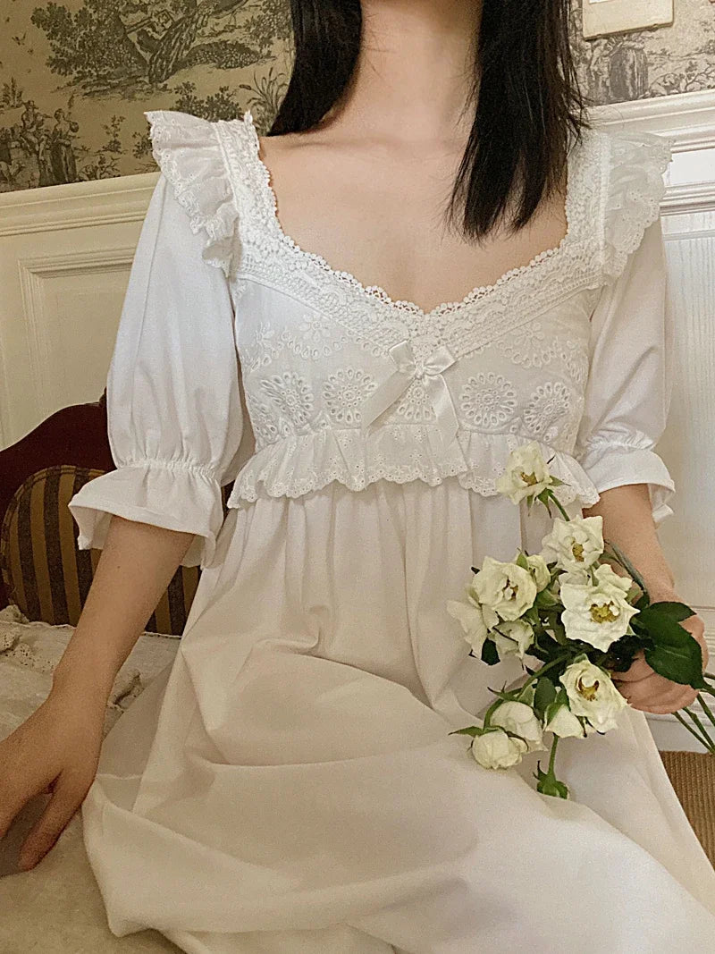 Summer Cotton Women's Sleepwear Antique French Style Lace Nightgown Nightdress