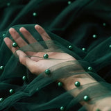 Dark Green Pearl Beaded Tulle Fabric Roll Sheer Gauze for Decorating or DIY Crafts