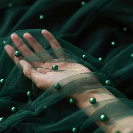 Dark Green Pearl Beaded Tulle Fabric Roll Sheer Gauze for Decorating or DIY Crafts