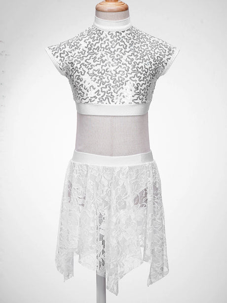 Sequins Ballet Dance Set Girls Crop Top Skirted Shorts Stage Dance Costumes
