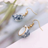 Handmade Ceramic Tea Cup Earrings Blue White Enamel Jewellery