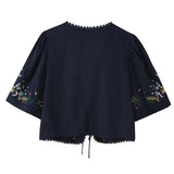 Toni's Totem Flower Navy Embroidered Short Sleeve Jacket Short Coat