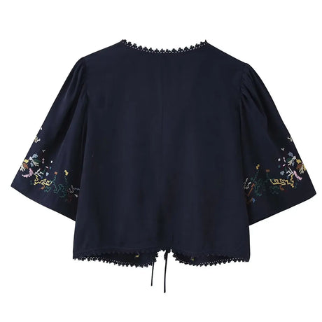 Toni's Totem Flower Navy Embroidered Short Sleeve Jacket Short Coat