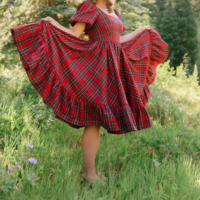 Christmas Plaid Smocked Summer Ruffle Dress