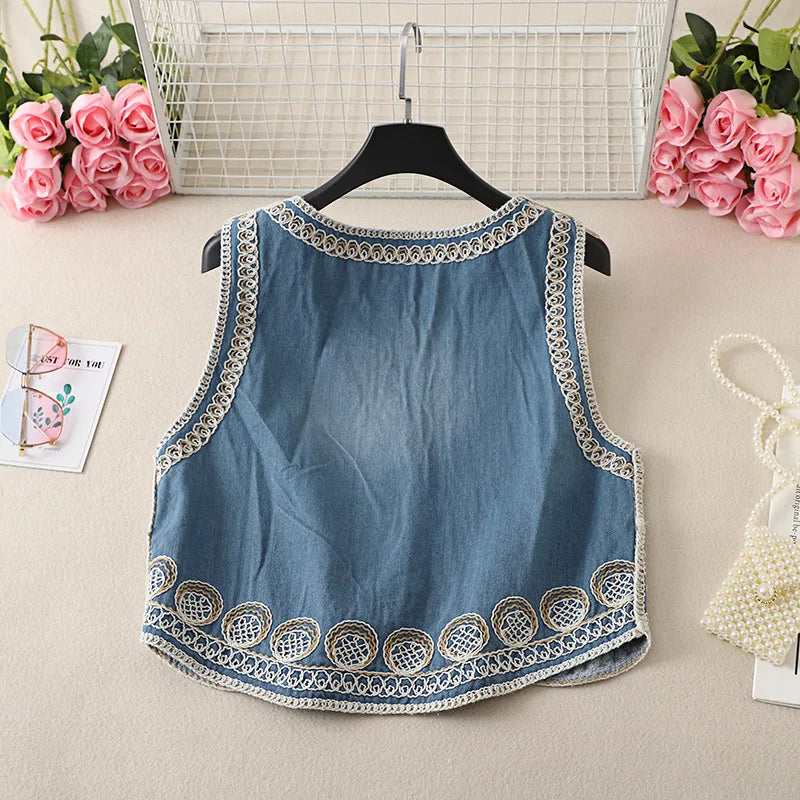 Mardi's Boho Denim Floral Embroidery Vest Top