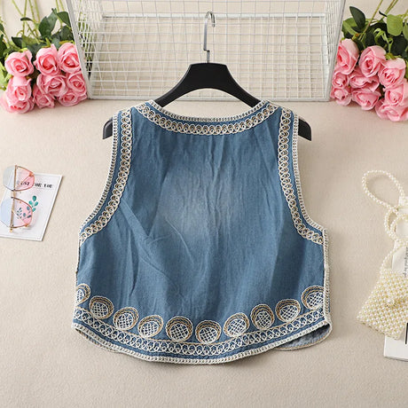 Mardi's Boho Denim Floral Embroidery Vest Top