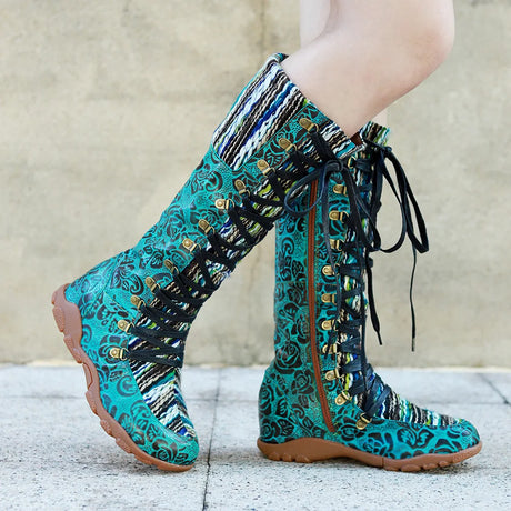 Maria's Genuine Leather Wool Spliced Lacing Comfortable Flat Boots Shoes