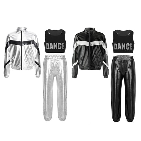 Girls Hip-hop Dance Outfit Streetwear Racer Back Tank Crop Top + Long Sleeve Jacket + Pants 3Pcs/Set