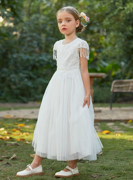 Girl's Beaded Lace Tassel White Tulle Special Occassion Dress