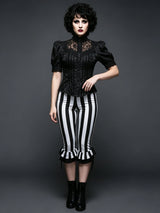 Women’s Black White Striped Capri Pants Slim Fit Bell Bottom Leggings Performance Wear Halloween Costumes