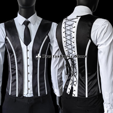 Vintage Circus Men's Boned Waistcoat Corset Vest Lace Up Burlesque Performance Stage Costume
