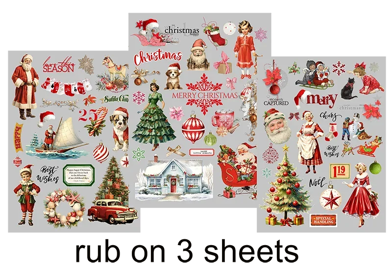 3 Sheet Large Christmas RUB ON Transfer Stickers Junk Journal DIY Scrapbooking Craft Stickers