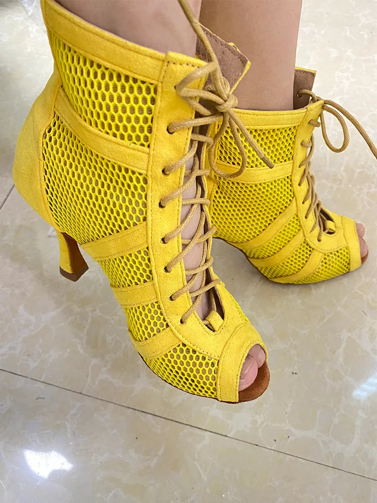 Yellow Suede Latin Ballroom Dancing Boots Soft Insole Latin Dance Shoes