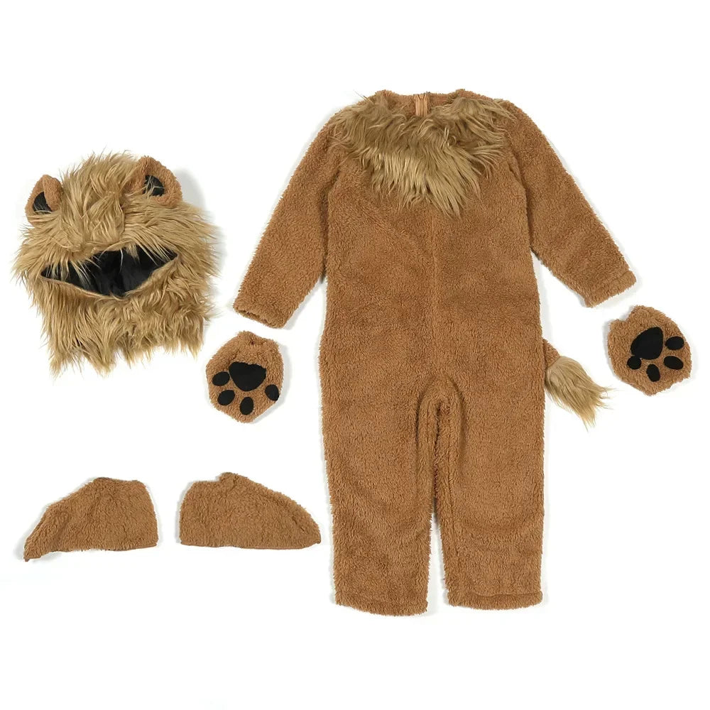 Child Kids 2-12Y Fleece Furry Lion King and Fox Costume Rompers Set Cosplay Halloween Fancy Dress