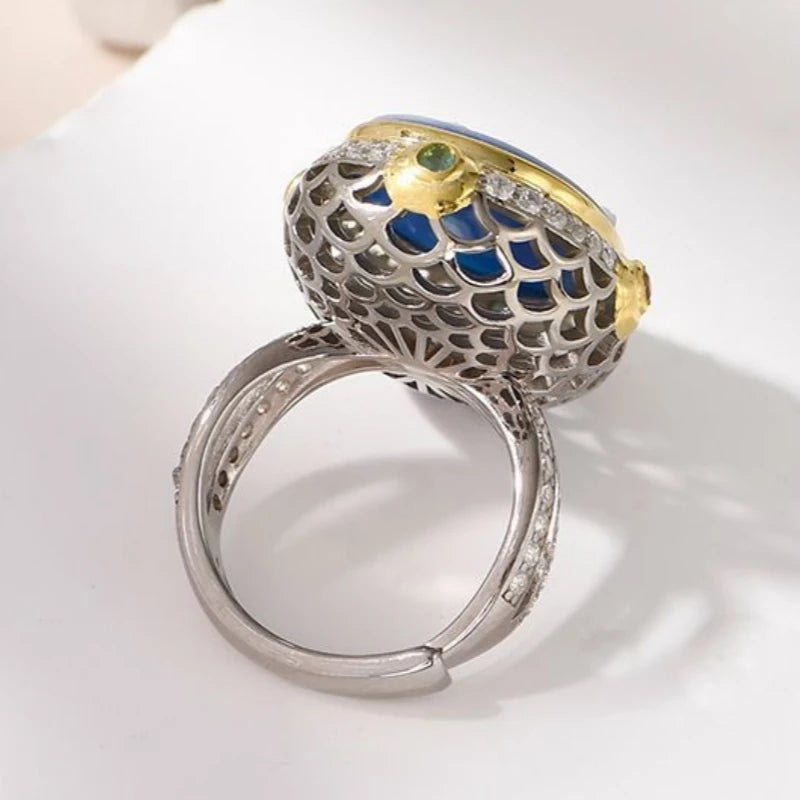 La Belladonna Wraith S925 Sterling Silver Rings Blue Agate White Shell Full Zircon Portrait Jewellery