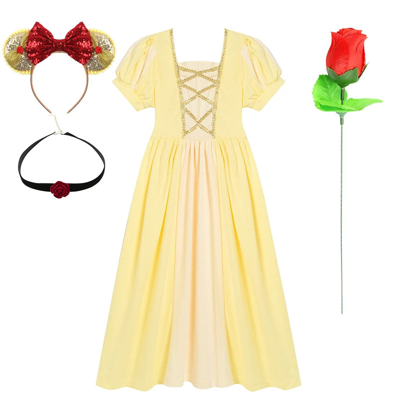 Soft Princess Dress for Girls Kids Halloween Cosplay Belle Cinderella Aurora Melinda Snow White Costume