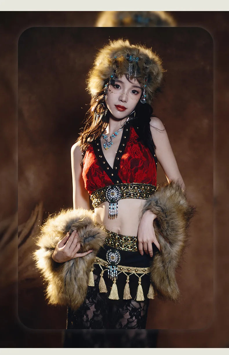 Tribal Fusion Women Belly Dance Costume 2 pieces Top and Hip Scarf