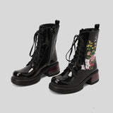 Wildflower Embroidery Lace Up Ankle Boots Black Platform Chunky Heels Large Sizes