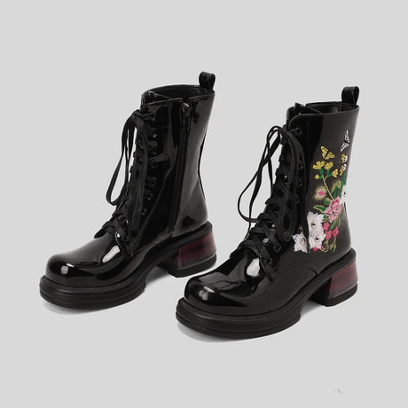 Wildflower Embroidery Lace Up Ankle Boots Black Platform Chunky Heels Large Sizes