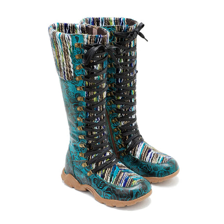 Maria's Genuine Leather Wool Spliced Lacing Comfortable Flat Boots Shoes