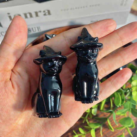 Obsidian Witch's Black Cat Natural Crystal Carving Halloween Decor