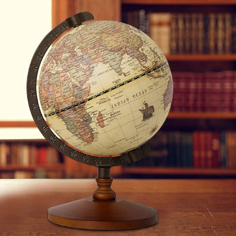 World Globe Earth Map Retro Wooden Base Desk Decor