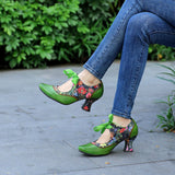 Sarah's Genuine Leather Green Pumps Heels Ribbon Lace Tie Shoes