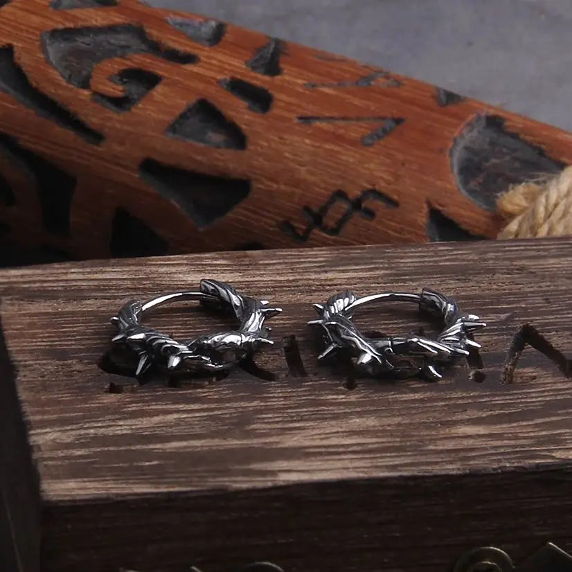 Gothic Thorns Stainless Steel Huggie Hoop Earrings for Men with Wooden Box